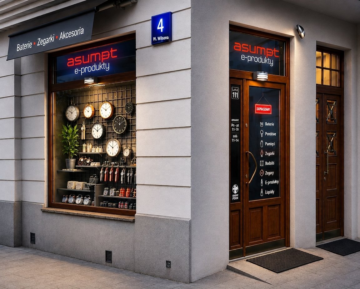 Witryna sklepu Asumpt na Pl. Wilsona 4 — markiza „Baterie · Zegarki · Akcesoria”, czerwony szyld i okno wystawowe z zegarami